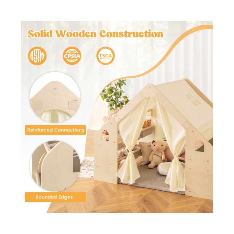 Детска Дървена Къща за Игра 6 в 1 GINGER HOME – Стол, Маса, Черна Дъска, Органайзер, Тента и Мека Подложка