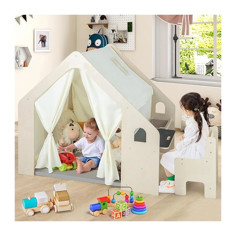 Детска Дървена Къща за Игра 6 в 1 GINGER HOME – Стол, Маса, Черна Дъска, Органайзер, Тента и Мека Подложка