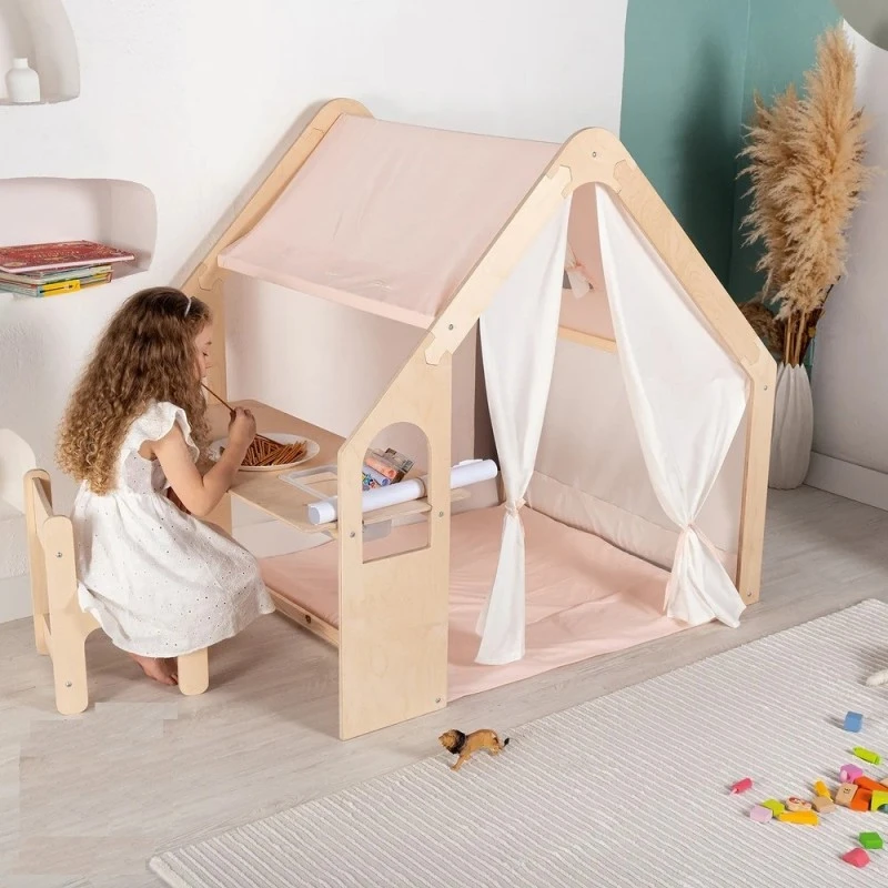 Детска Дървена Къща за Игра 6 в 1 GINGER HOME – Стол, Маса, Черна Дъска, Органайзер, Тента и Мека Подложка