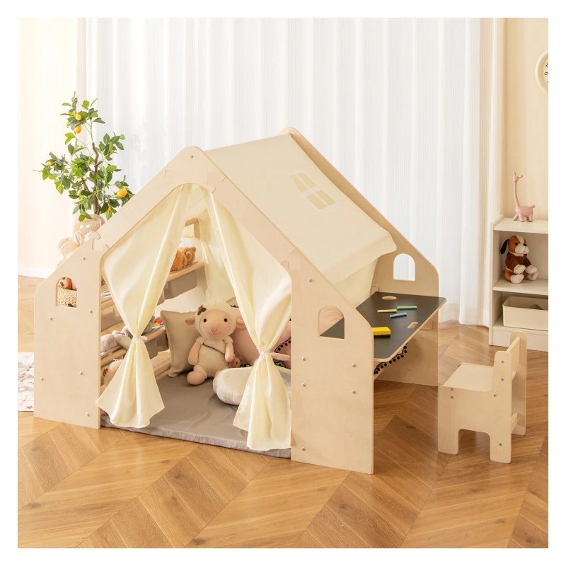 Детска Дървена Къща за Игра 6 в 1 GINGER HOME – Стол, Маса, Черна Дъска, Органайзер, Тента и Мека Подложка