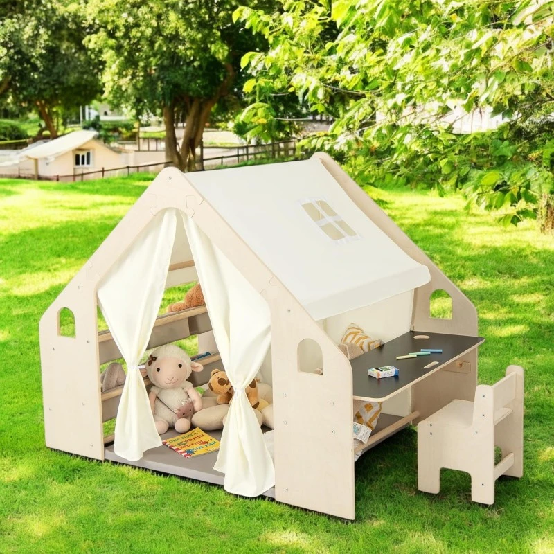 Детска Дървена Къща за Игра 6 в 1 GINGER HOME – Стол, Маса, Черна Дъска, Органайзер, Тента и Мека Подложка