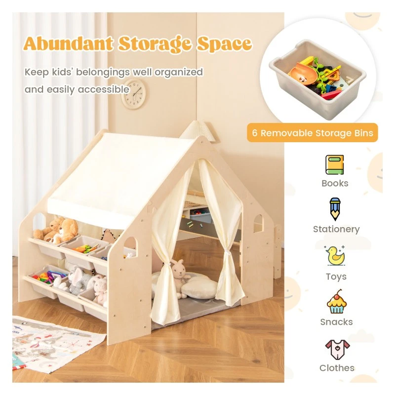 Детска Дървена Къща за Игра 6 в 1 GINGER HOME – Стол, Маса, Черна Дъска, Органайзер, Тента и Мека Подложка