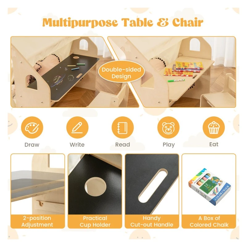 Детска Дървена Къща за Игра 6 в 1 GINGER HOME – Стол, Маса, Черна Дъска, Органайзер, Тента и Мека Подложка