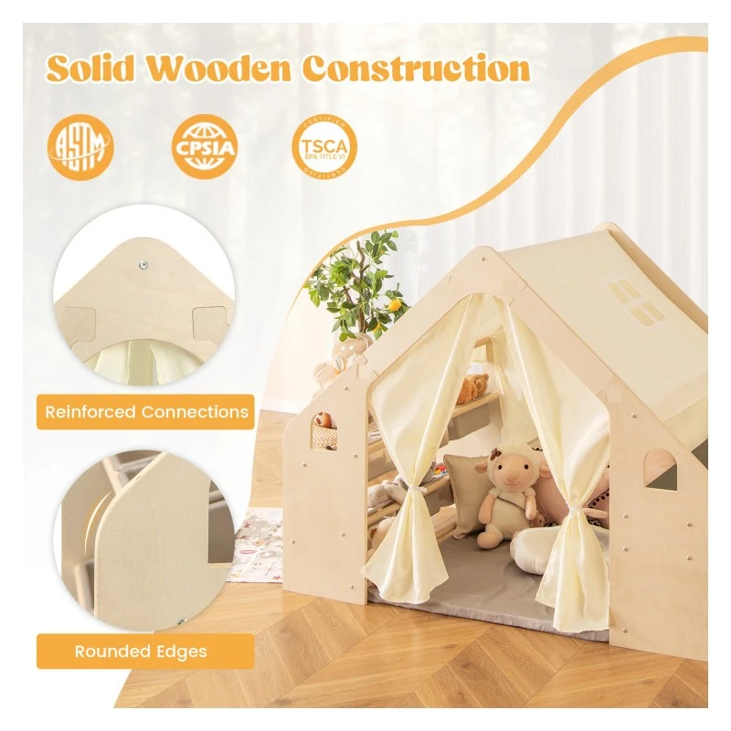 Детска Дървена Къща за Игра 6 в 1 GINGER HOME – Стол, Маса, Черна Дъска, Органайзер, Тента и Мека Подложка