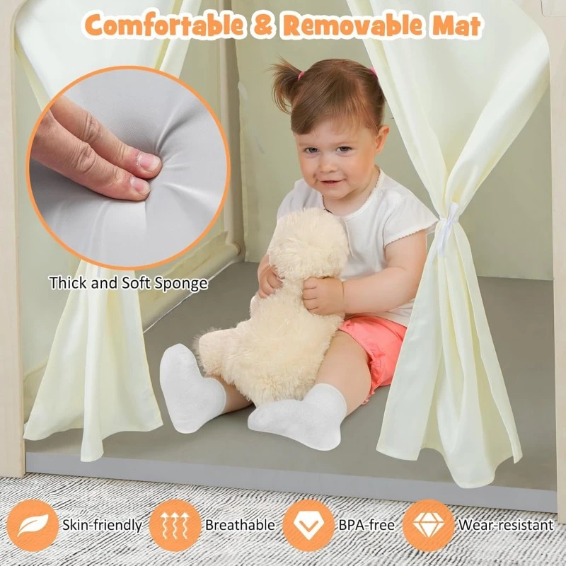 Детска Дървена Къща за Игра 6 в 1 GINGER HOME – Стол, Маса, Черна Дъска, Органайзер, Тента и Мека Подложка