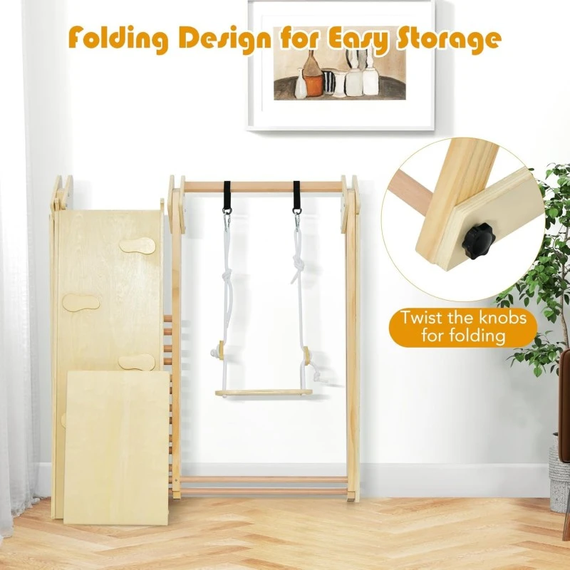 Детски Дървен Комплект GINGER HOME 4 в 1 – Люлка, Пързалка, Катерушка и Рампа за Катерене, 120x112x114 см