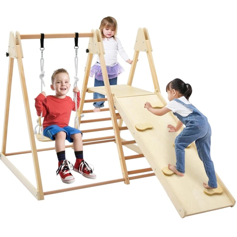 Детски Дървен Комплект GINGER HOME 4 в 1 – Люлка, Пързалка, Катерушка и Рампа за Катерене, 120x112x114 см