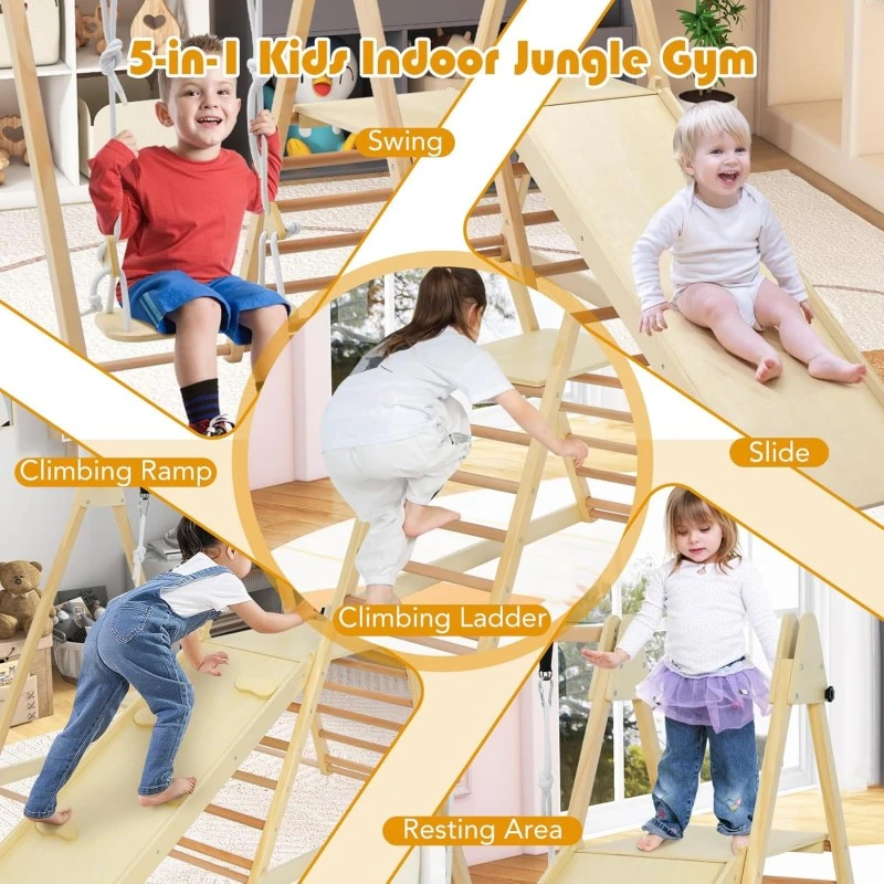 Детски Дървен Комплект GINGER HOME 4 в 1 – Люлка, Пързалка, Катерушка и Рампа за Катерене, 120x112x114 см