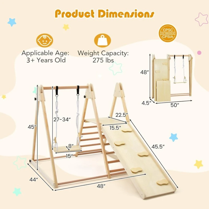 Детски Дървен Комплект GINGER HOME 4 в 1 – Люлка, Пързалка, Катерушка и Рампа за Катерене, 120x112x114 см