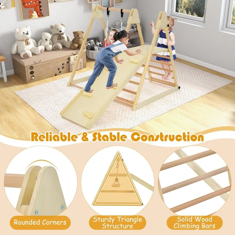 Детски Дървен Комплект GINGER HOME 4 в 1 – Люлка, Пързалка, Катерушка и Рампа за Катерене, 120x112x114 см