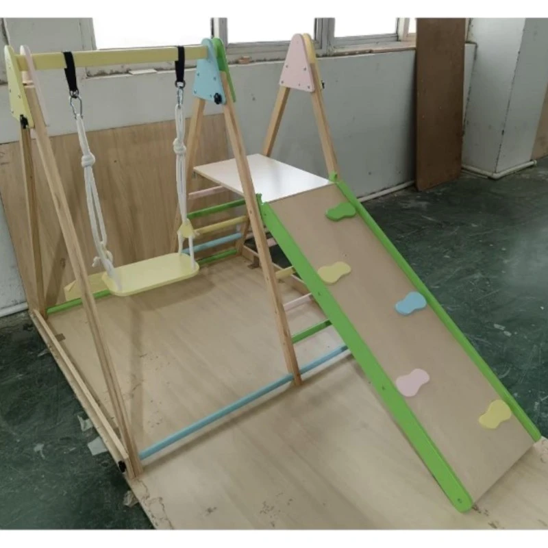 Детски Дървен Комплект GINGER HOME 4 в 1 – Люлка, Пързалка, Катерушка и Рампа за Катерене, 120x112x114 см