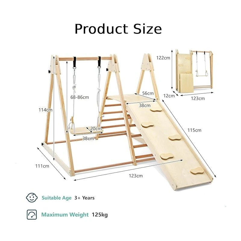 Детски Дървен Комплект GINGER HOME 4 в 1 – Люлка, Пързалка, Катерушка и Рампа за Катерене, 120x112x114 см