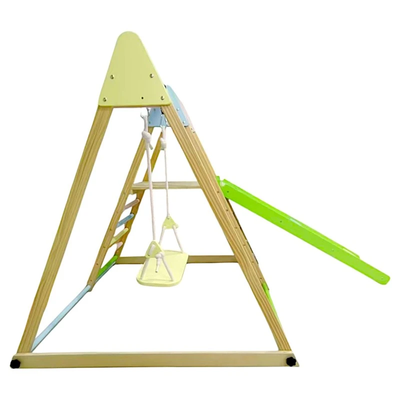 Детски Дървен Комплект GINGER HOME 4 в 1 – Люлка, Пързалка, Катерушка и Рампа за Катерене, 120x112x114 см