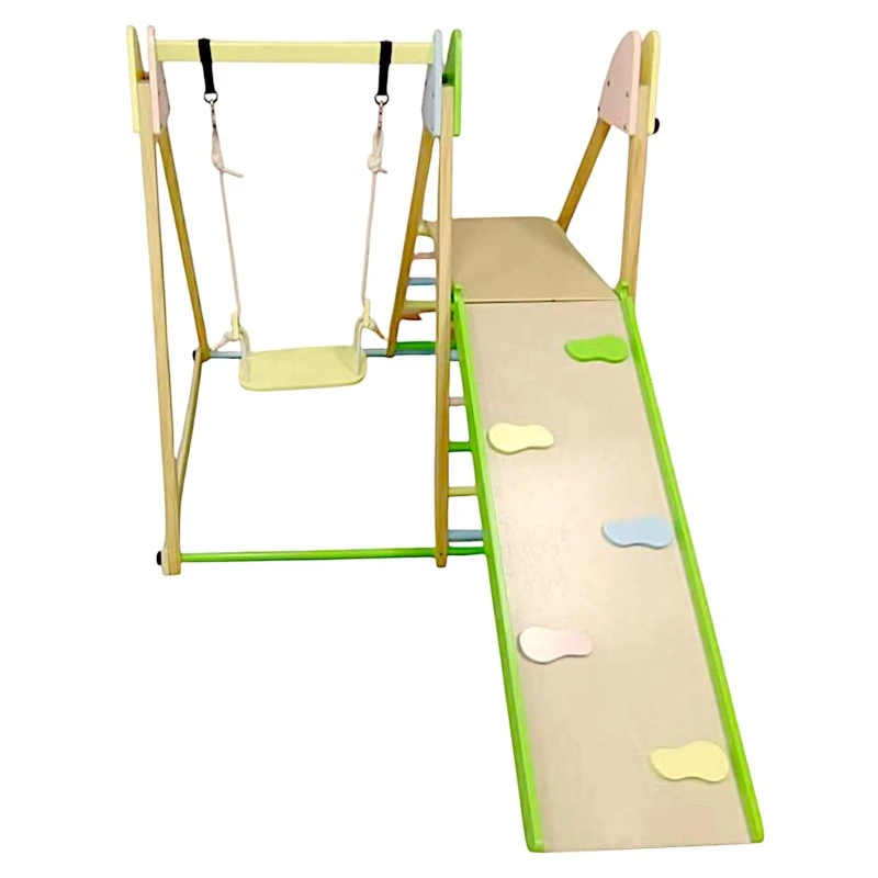 Детски Дървен Комплект GINGER HOME 4 в 1 – Люлка, Пързалка, Катерушка и Рампа за Катерене, 120x112x114 см