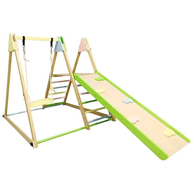 Детски Дървен Комплект GINGER HOME 4 в 1 – Люлка, Пързалка, Катерушка и Рампа за Катерене, 120x112x114 см