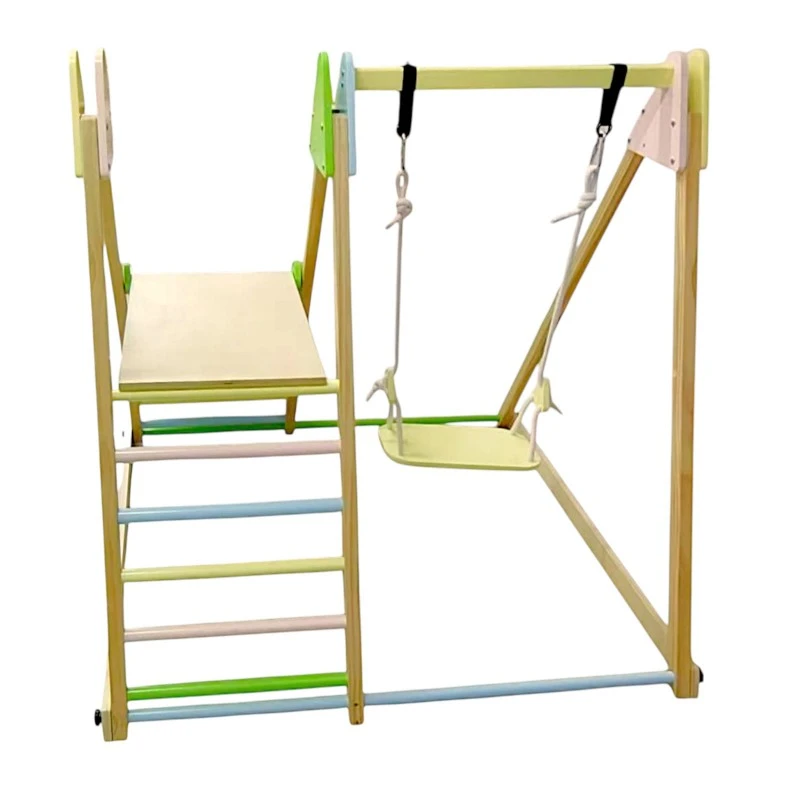 Детски Дървен Комплект GINGER HOME 4 в 1 – Люлка, Пързалка, Катерушка и Рампа за Катерене, 120x112x114 см