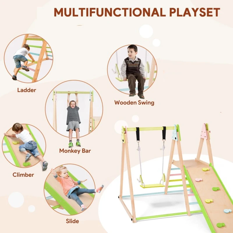 Детски Дървен Комплект GINGER HOME 4 в 1 – Люлка, Пързалка, Катерушка и Рампа за Катерене, 120x112x114 см