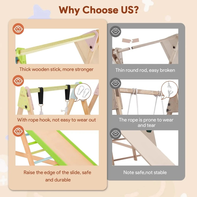 Детски Дървен Комплект GINGER HOME 4 в 1 – Люлка, Пързалка, Катерушка и Рампа за Катерене, 120x112x114 см