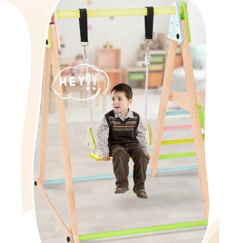 Детски Дървен Комплект GINGER HOME 4 в 1 – Люлка, Пързалка, Катерушка и Рампа за Катерене, 120x112x114 см