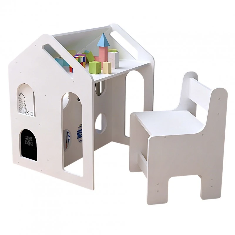 Детско Бюро Къщичка GINGER HOME със Столче, Етажерка и Черна Дъска, Монтесори Маса за Рисуване и Учене, Бяло, Масивно Дърво и MDF, 55x51x69 см