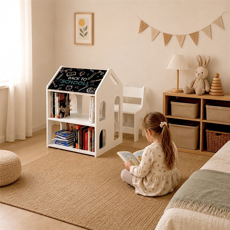 Детско Бюро Къщичка GINGER HOME със Столче, Етажерка и Черна Дъска, Монтесори Маса за Рисуване и Учене, Бяло, Масивно Дърво и MDF, 55x51x69 см