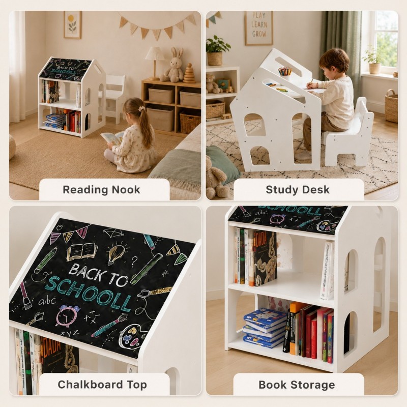 Детско Бюро Къщичка GINGER HOME със Столче, Етажерка и Черна Дъска, Монтесори Маса за Рисуване и Учене, Бяло, Масивно Дърво и MDF, 55x51x69 см