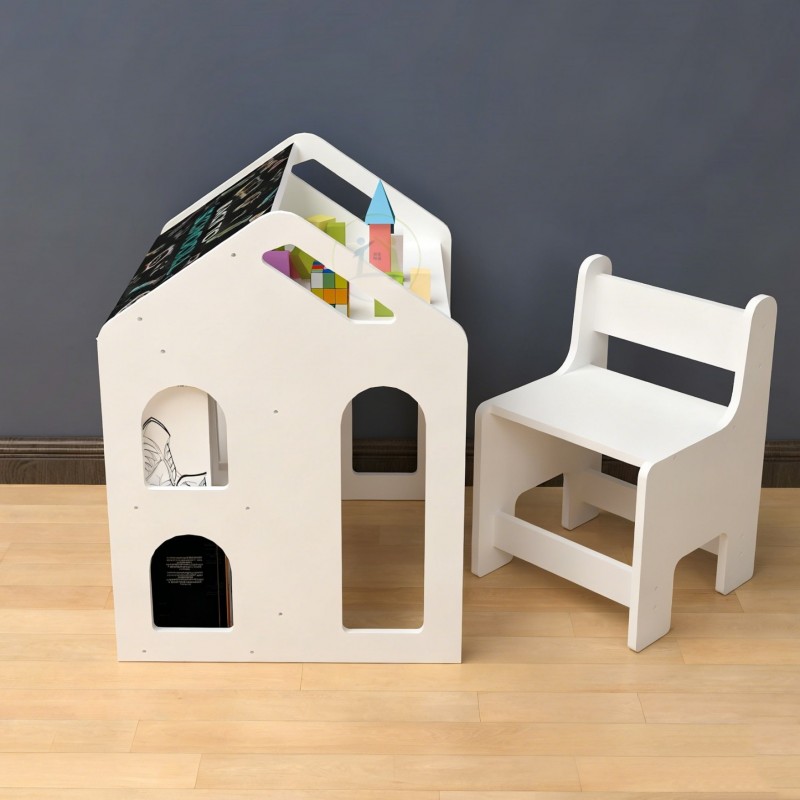 Детско Бюро Къщичка GINGER HOME със Столче, Етажерка и Черна Дъска, Монтесори Маса за Рисуване и Учене, Бяло, Масивно Дърво и MDF, 55x51x69 см
