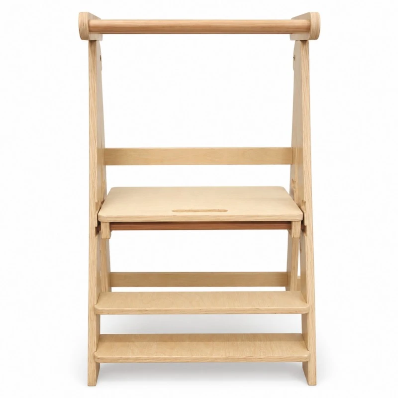 Монтесори Кула за Деца GINGER HOME, Сгъваемо Помощно Столче за Кухня, Learning Tower, Безопасна Детска Стълба, Масивно Натурално Дърво, 51x37x92 см