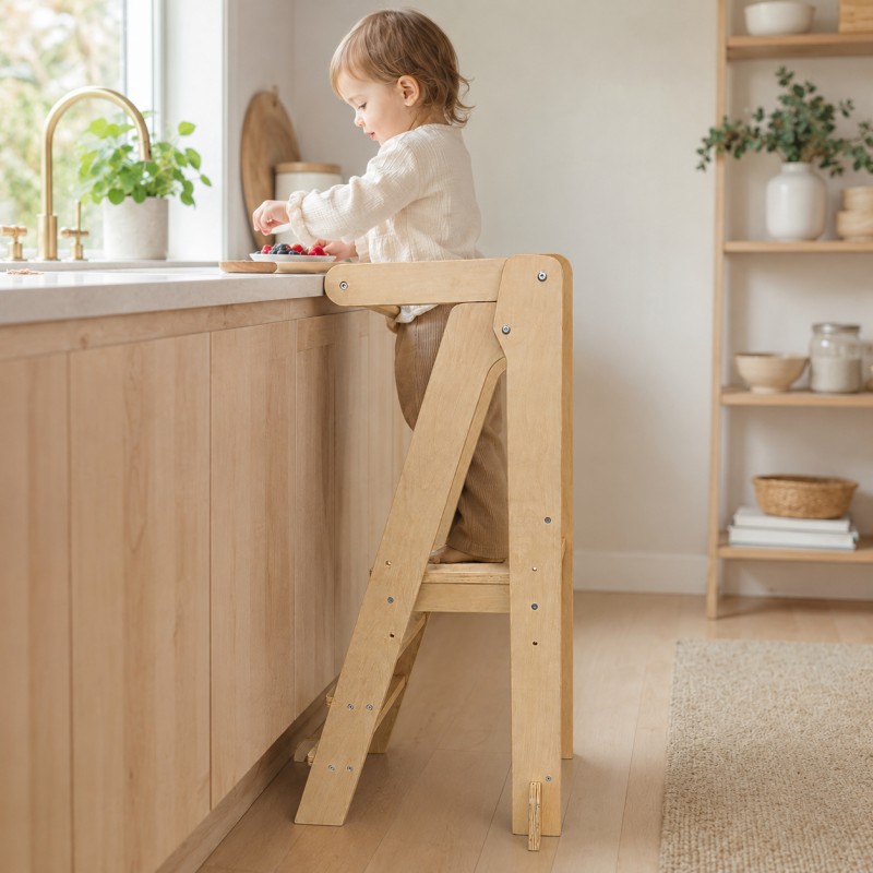 Монтесори Кула за Деца GINGER HOME, Сгъваемо Помощно Столче за Кухня, Learning Tower, Безопасна Детска Стълба, Масивно Натурално Дърво, 51x37x92 см