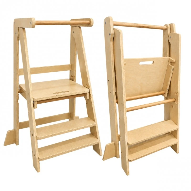 Монтесори Кула за Деца GINGER HOME, Сгъваемо Помощно Столче за Кухня, Learning Tower, Безопасна Детска Стълба, Масивно Натурално Дърво, 51x37x92 см