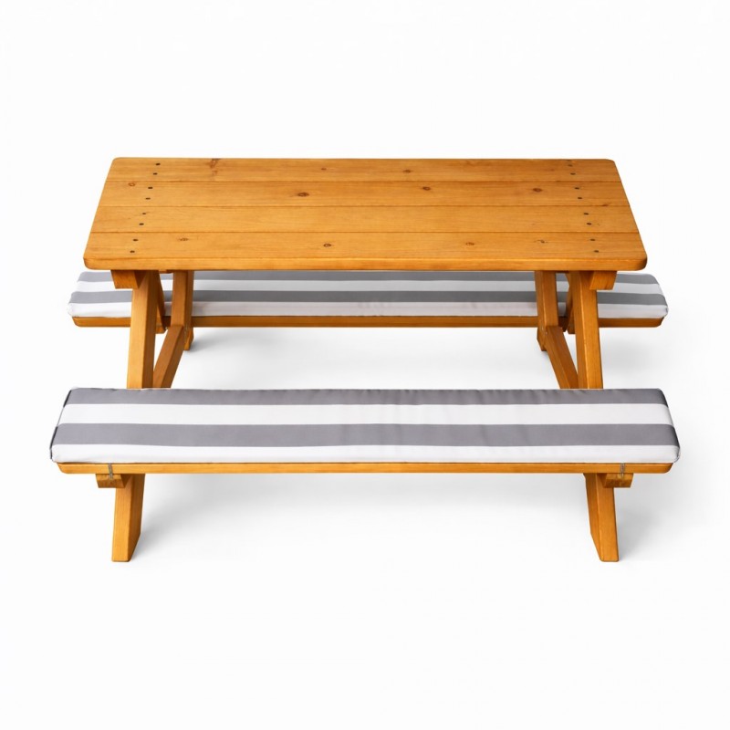 Градински Комплект GINGER HOME, Детска Маса за Пикник с Пейки и Меки Възглавници, Дървен, 89х79х50 см.