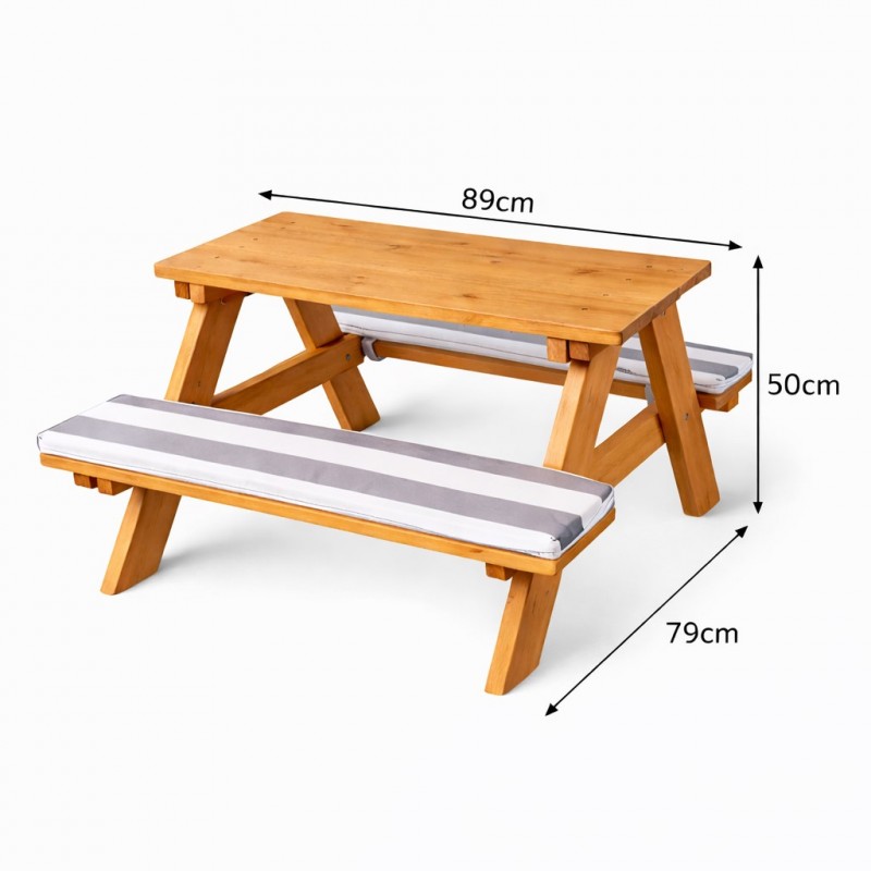 Градински Комплект GINGER HOME, Детска Маса за Пикник с Пейки и Меки Възглавници, Дървен, 89х79х50 см.