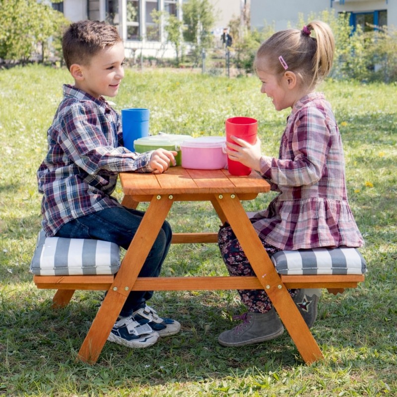 Градински Комплект GINGER HOME, Детска Маса за Пикник с Пейки и Меки Възглавници, Дървен, 89х79х50 см.