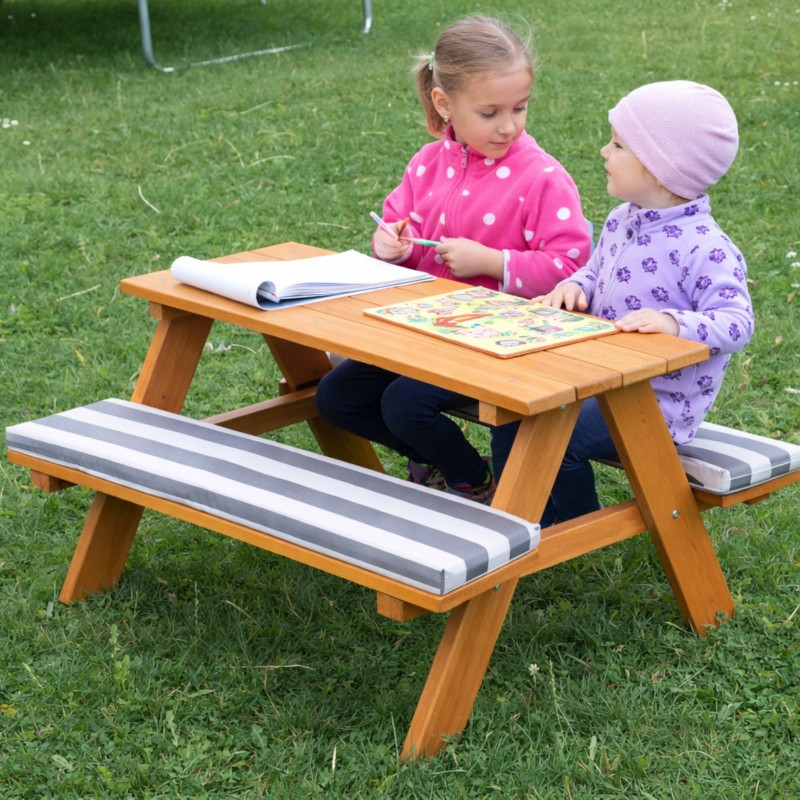 Градински Комплект GINGER HOME, Детска Маса за Пикник с Пейки и Меки Възглавници, Дървен, 89х79х50 см.