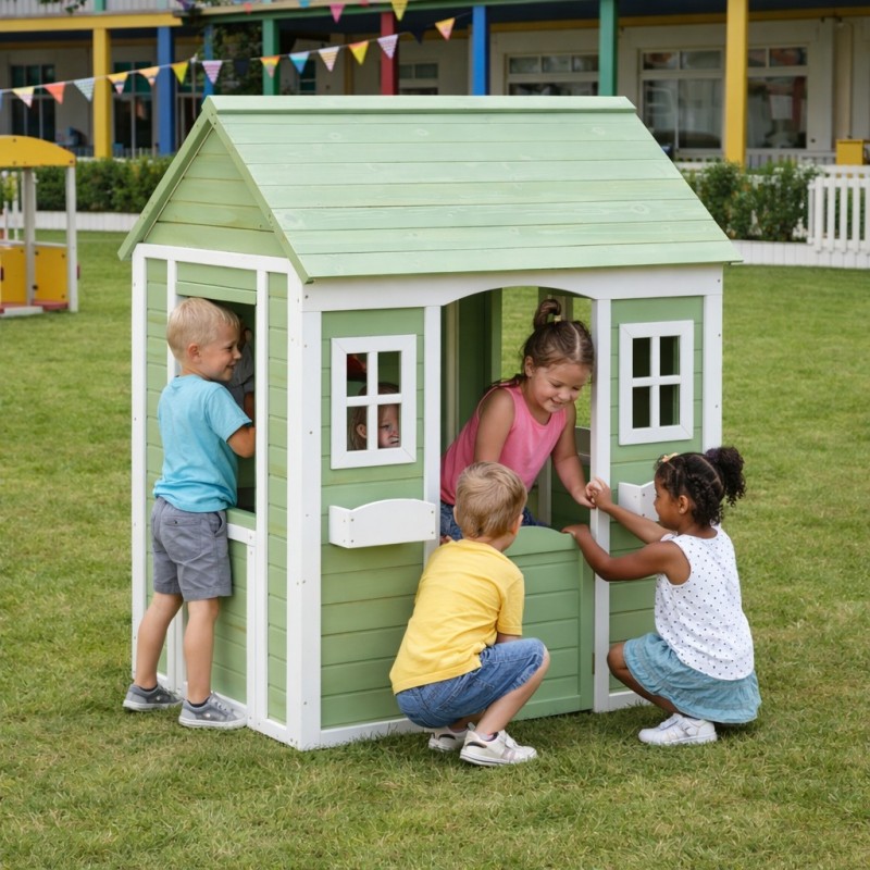 Детска Дървена Къщичка за Игра на Открито GINGER HOME за Двор и Градина – Зелено и Бяло, 107×90×144 см