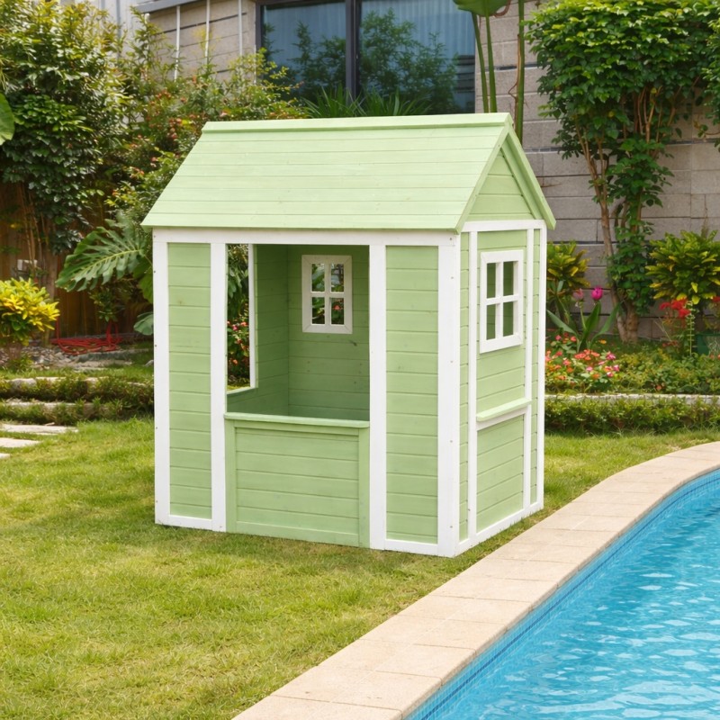 Детска Дървена Къщичка за Игра на Открито GINGER HOME за Двор и Градина – Зелено и Бяло, 107×90×144 см