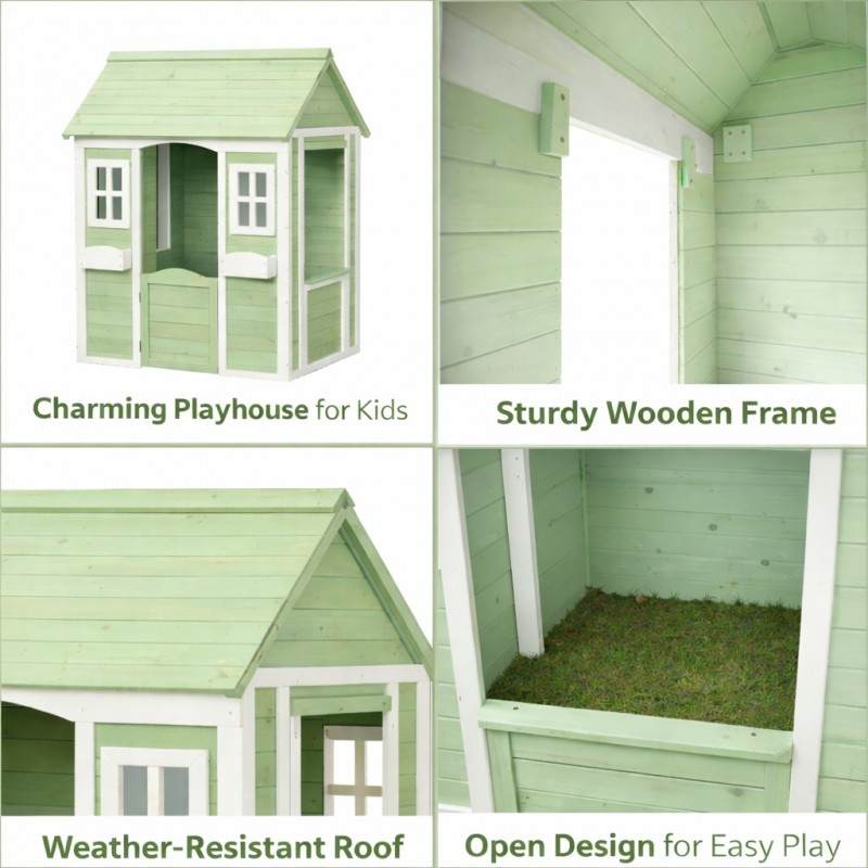 Детска Дървена Къщичка за Игра на Открито GINGER HOME за Двор и Градина – Зелено и Бяло, 107×90×144 см