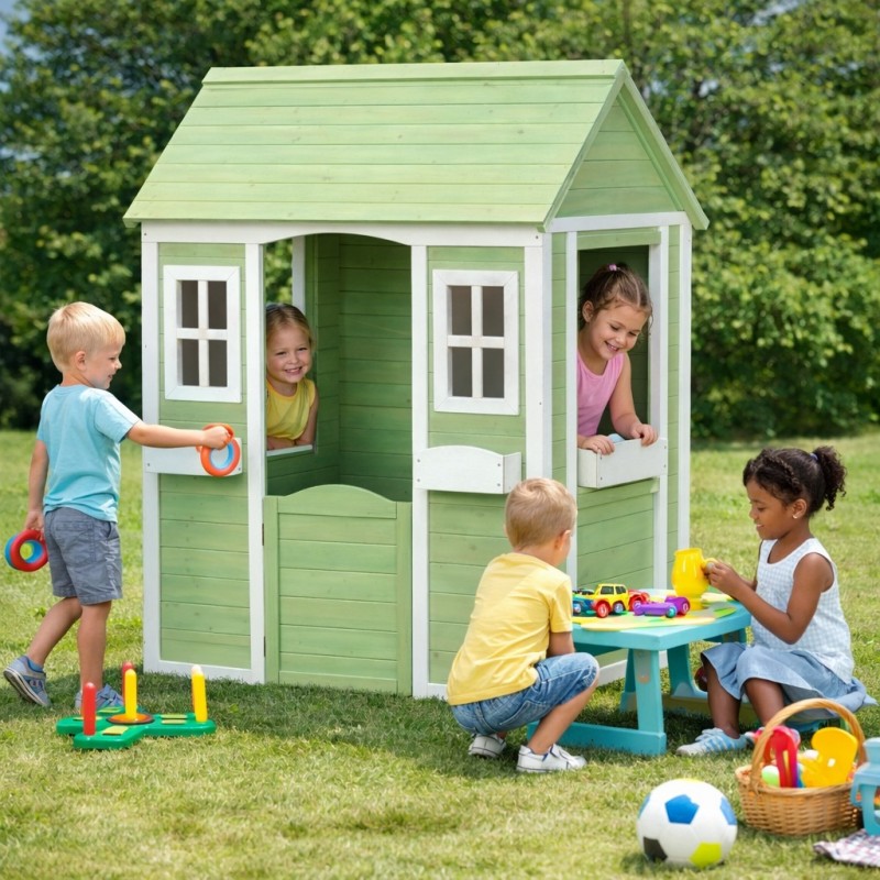 Детска Дървена Къщичка за Игра на Открито GINGER HOME за Двор и Градина – Зелено и Бяло, 107×90×144 см