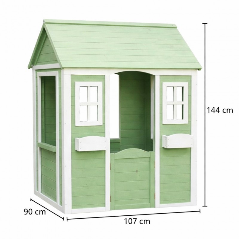 Детска Дървена Къщичка за Игра на Открито GINGER HOME за Двор и Градина – Зелено и Бяло, 107×90×144 см