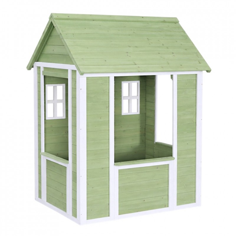 Детска Дървена Къщичка за Игра на Открито GINGER HOME за Двор и Градина – Зелено и Бяло, 107×90×144 см