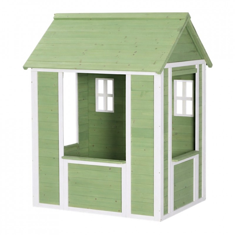 Детска Дървена Къщичка за Игра на Открито GINGER HOME за Двор и Градина – Зелено и Бяло, 107×90×144 см