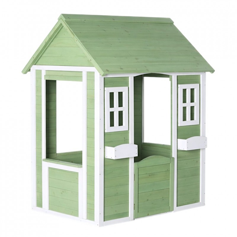 Детска Дървена Къщичка за Игра на Открито GINGER HOME за Двор и Градина – Зелено и Бяло, 107×90×144 см