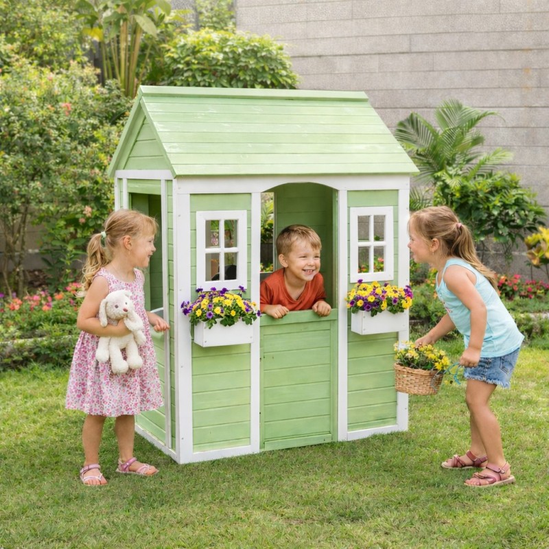 Детска Дървена Къщичка за Игра на Открито GINGER HOME за Двор и Градина – Зелено и Бяло, 107×90×144 см