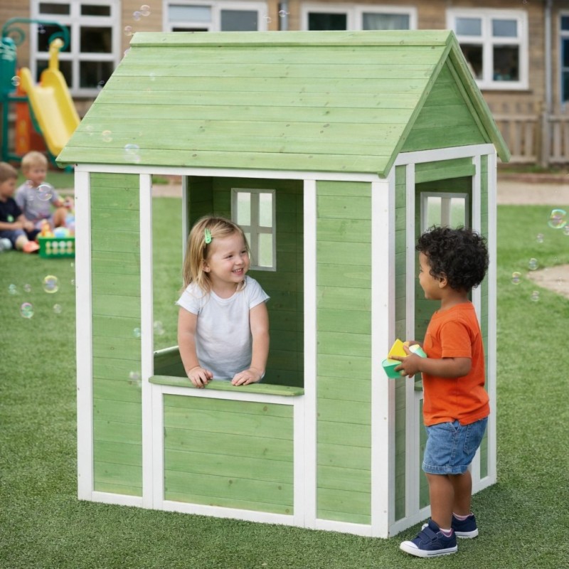 Детска Дървена Къщичка за Игра на Открито GINGER HOME за Двор и Градина – Зелено и Бяло, 107×90×144 см