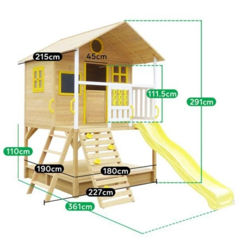 Голяма Детска Къща GINGER HOME с Пясъчник и Пързалка, за Игра на Открито в Двора и Градината, Дървена, 258х271.5х291 см.