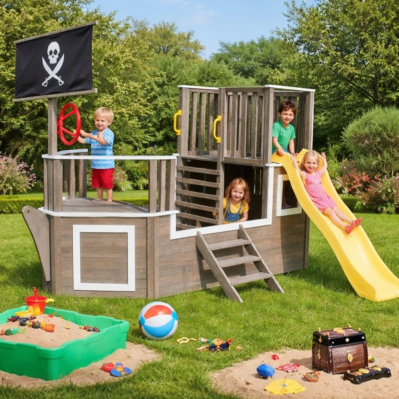 Детска Дървена Катерушка Пиратски Кораб с Пързалка и Пясъчник GINGER HOME – За Двор и Градина, 310×320×180 см