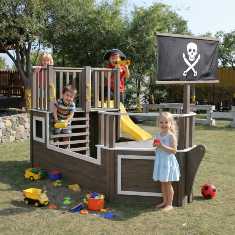Детска Дървена Катерушка Пиратски Кораб с Пързалка и Пясъчник GINGER HOME – За Двор и Градина, 310×320×180 см
