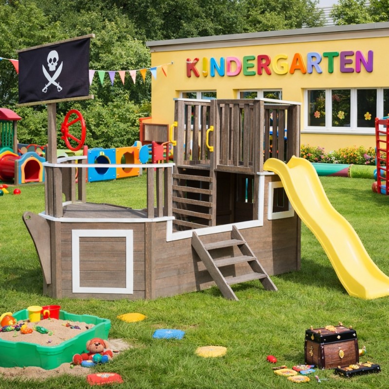 Детска Дървена Катерушка Пиратски Кораб с Пързалка и Пясъчник GINGER HOME – За Двор и Градина, 310×320×180 см