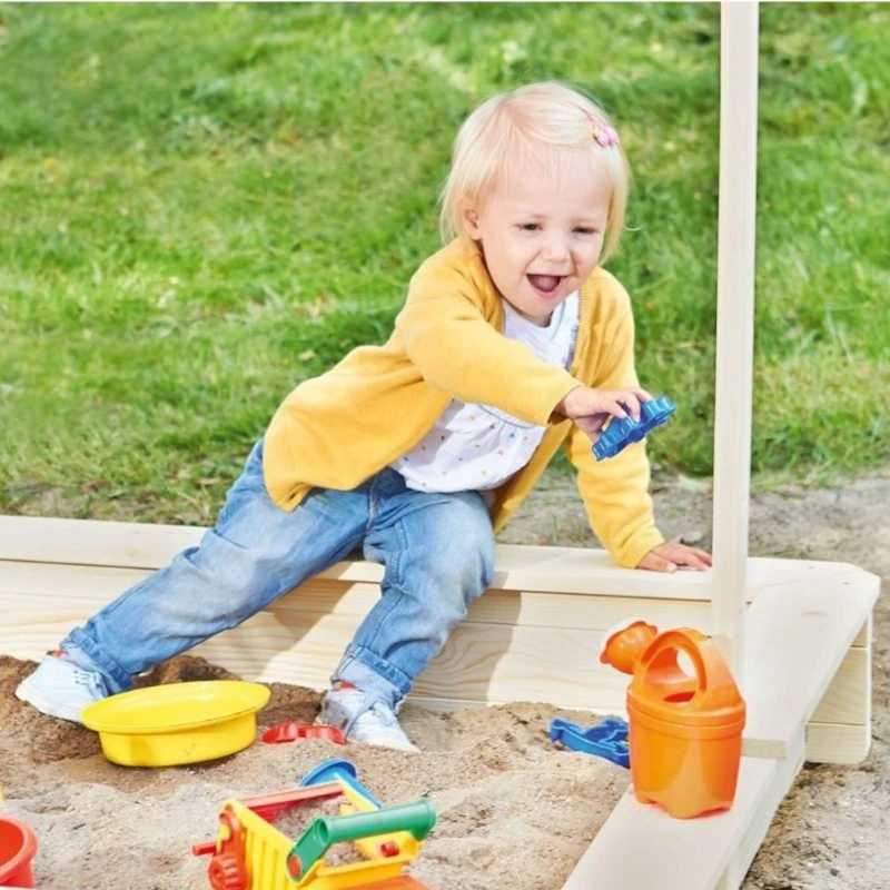 Детски Пясъчник GINGER HOME с Регулируем Покрив с UV Защита, 117x117x113 см, Дървен – Идеален за Игра на Открито