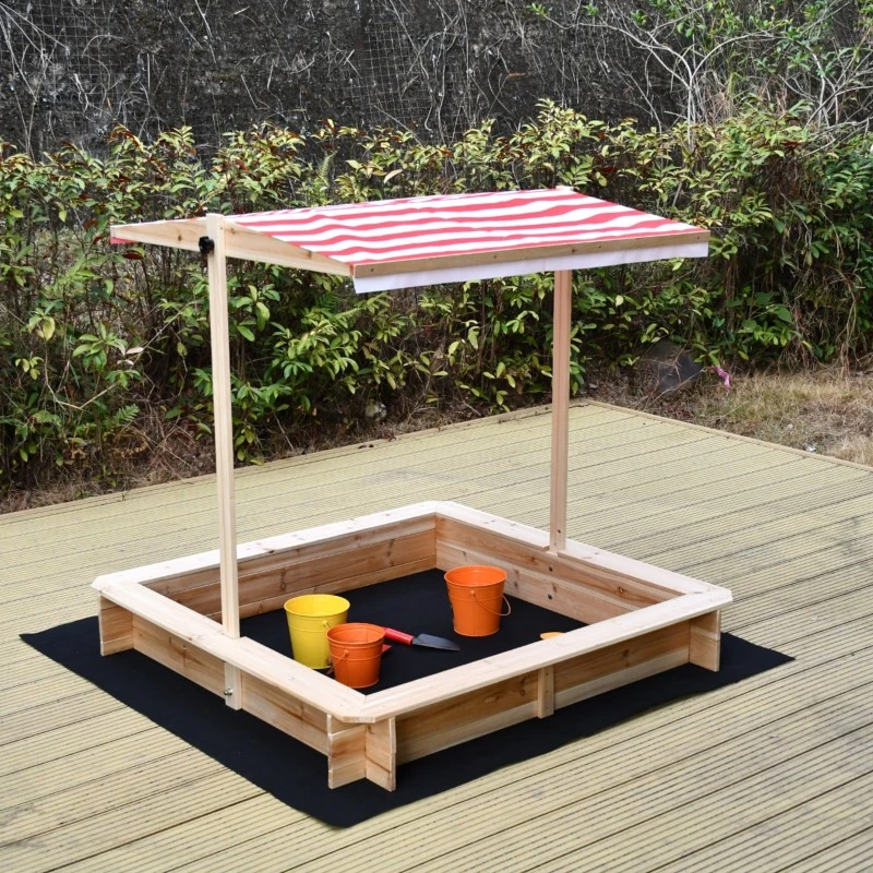 Детски Пясъчник GINGER HOME с Регулируем Покрив с UV Защита, 117x117x113 см, Дървен – Идеален за Игра на Открито